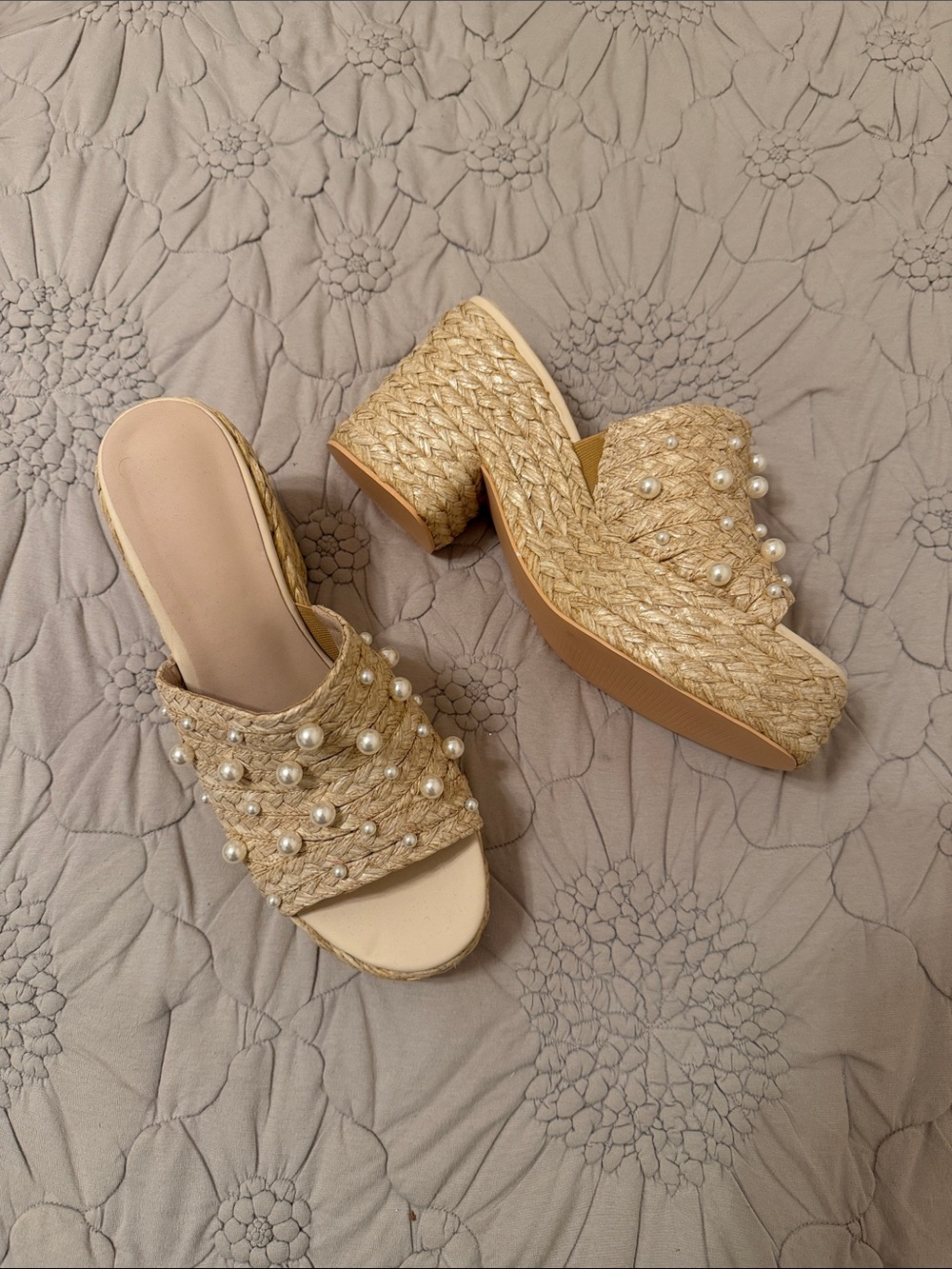 Beaded Straw Platform Slide Heels - Natural - Picture 1 of 1